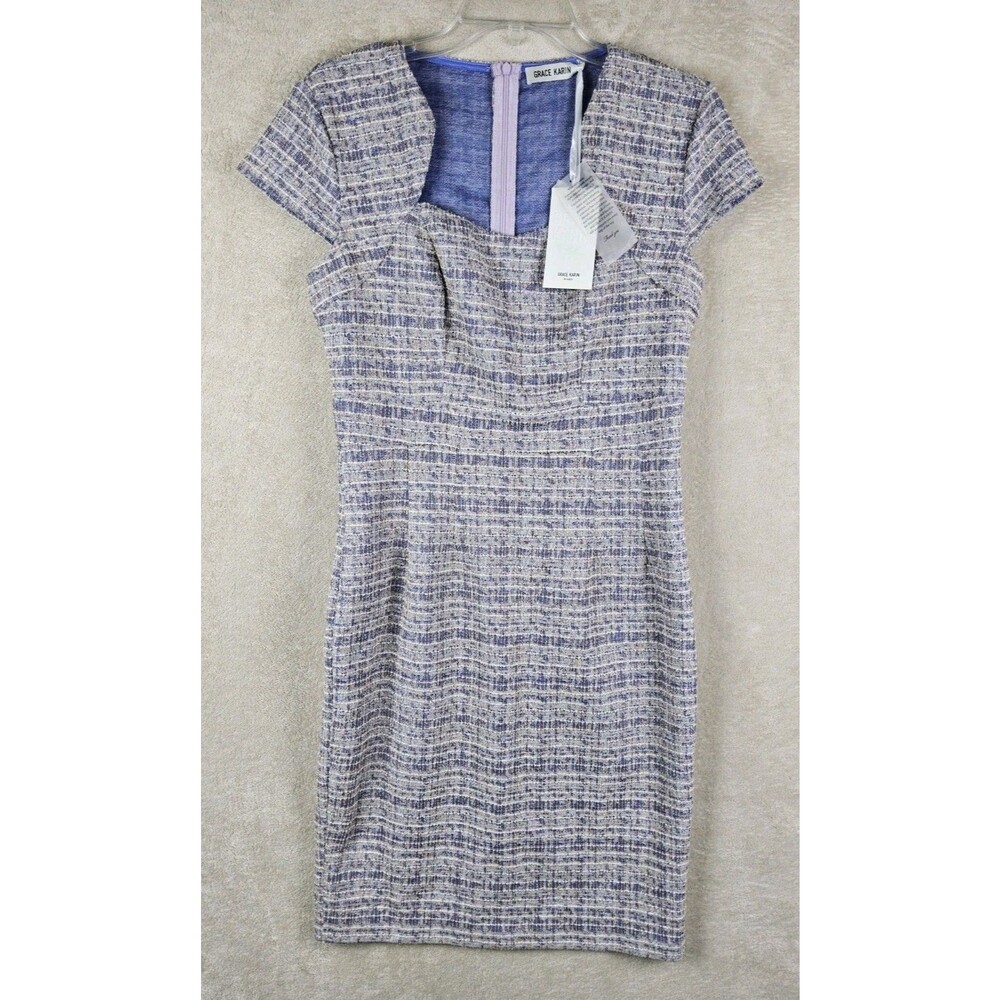 Grace Karin Women's Short Sleeve Boucle Fitted Metallic Detail Dress Size M